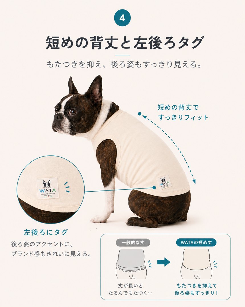 設計4・短めの背丈と左後ろのタグ。もたつきを抑え後ろ姿もすっきり