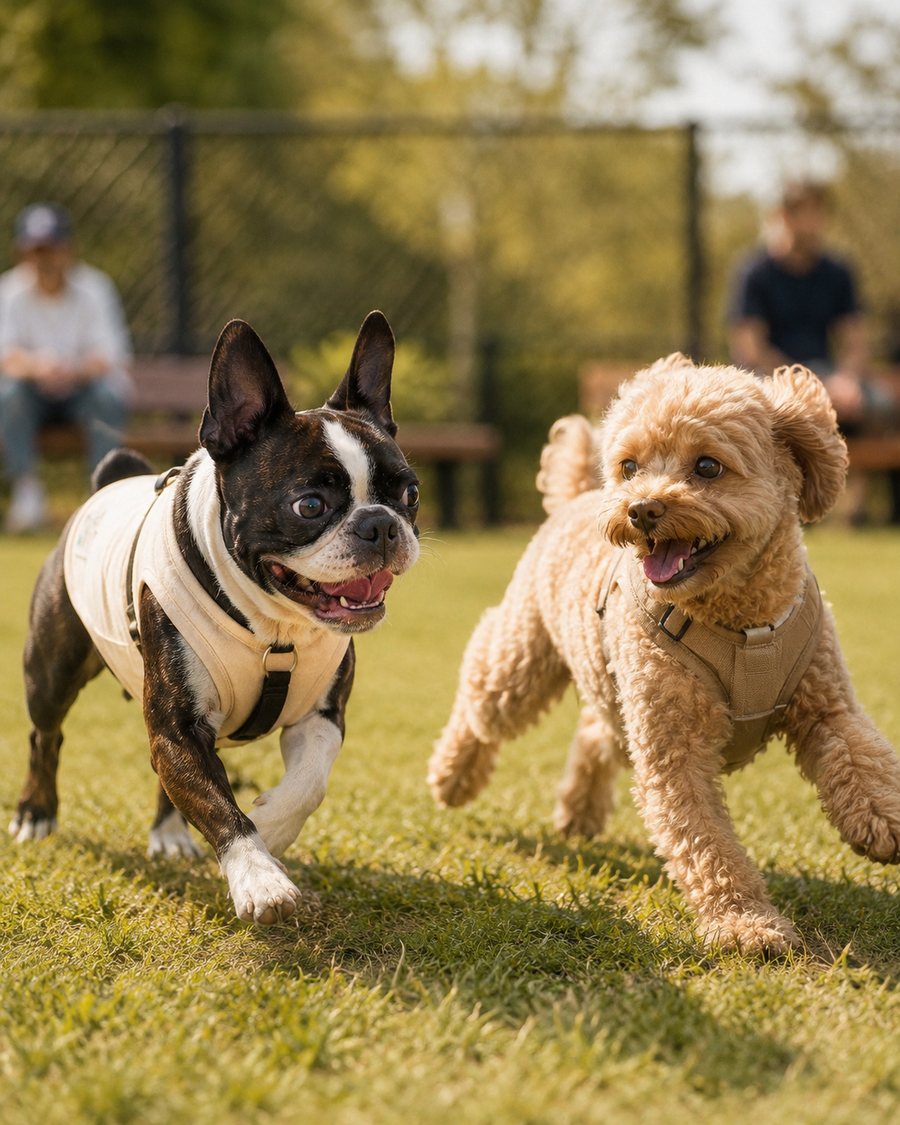 ドッグランで他の犬とあいさつする、WATAの服を着たボストンテリア
