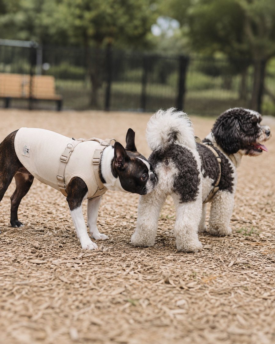 芝生で友だち犬と元気に駆け回る、WATAの服を着たボストンテリア