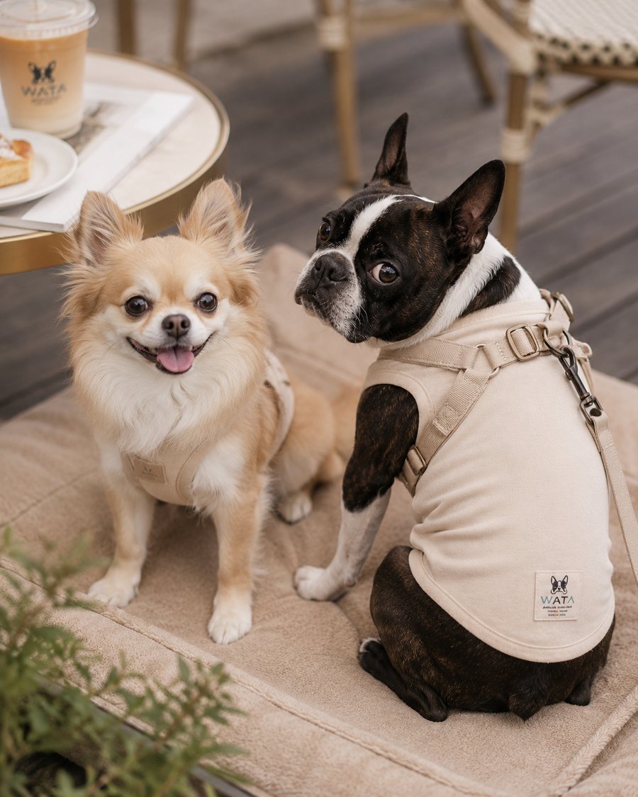 カフェで小型犬と鼻を寄せ合う、WATAの服を着たボストンテリア