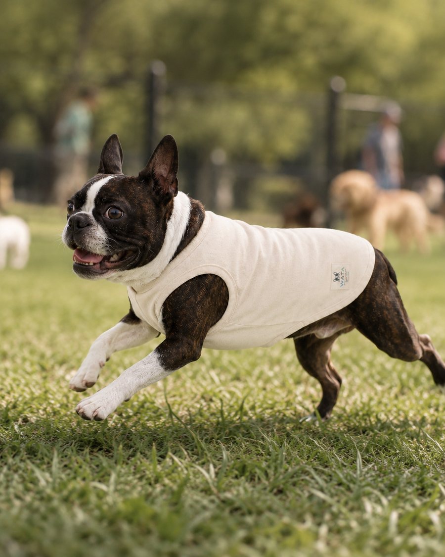 公園のピクニックシートでくつろぐ、WATAの服を着たボストンテリア